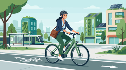 Fototapeta premium Woman cycling to work in eco-friendly city with electric bike.