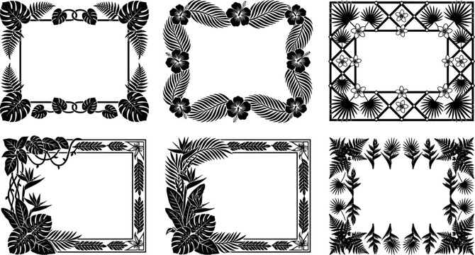 Set of tropical floral frames with hibiscus, monstera, ferns and exotic flowers, decorative botanical borders for invitations transparent background