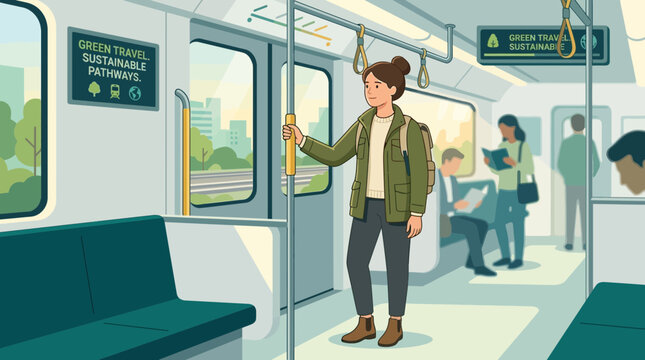 Woman on commuter train, sustainable travel concept, green journey