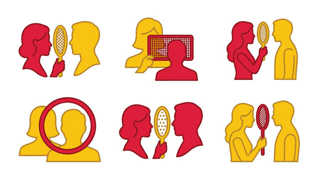 Set of simple icons depicting self-reflection and introspection, people looking in mirrors, psychological concepts, gender stereotypes, digital identity, red and yellow color scheme