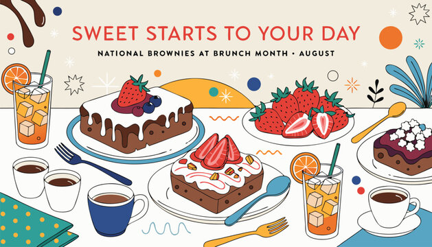 Delicious chocolate brownies served with fresh strawberries and iced coffee drinks