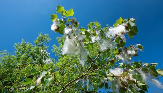 Cottonwood Fluff On Green Poplar Tree Branches Against A Clear Blue Summer Sky