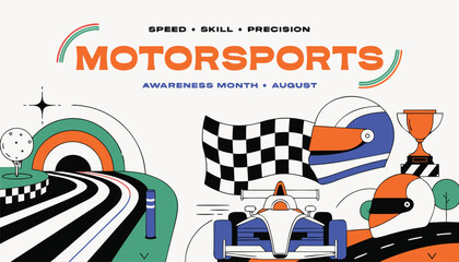 Colorful illustration celebrating motorsports awareness month with racing car and helmet © vectyx2