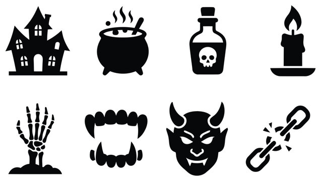 Halloween icons set including haunted house potion skull bottle candle skeleton hand fangs devil mask and broken chain