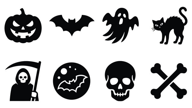 Halloween icons set including pumpkin bat ghost cat grim reaper moon skull and bones