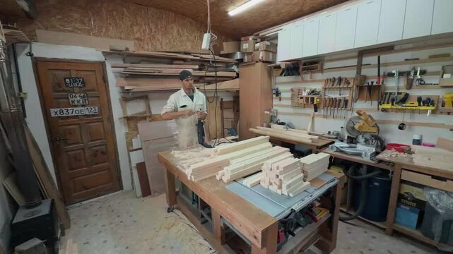 Dedicated self employed entrepreneur in coveralls prying wooden plug from hole saw drill bit inside cluttered home manufacturing workshop during wide angle shaky handheld arc tracking camera shot
