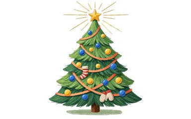 Fototapeta premium Festive christmas tree illustration with ornaments stockings and star topper on black background