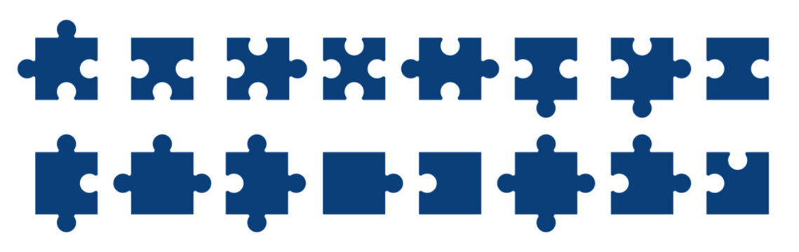 Set of dark blue jigsaw puzzle pieces arranged in two rows on transparent background