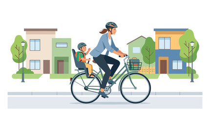 Fototapeta premium Mother and Child Cycling in Suburban Neighborhood