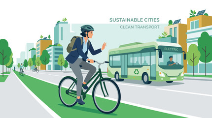 Fototapeta premium Sustainable City: Woman cycling past electric bus on clean transport street