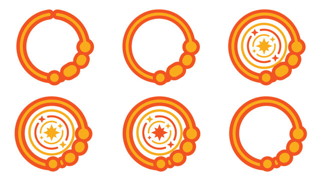 Circular loading progress indicator animation stages, abstract glowing rings with starburst effects, orange and yellow pixel art elements