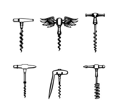 Corkscrews set with six black and white vector illustrations arranged in a 2x3 grid on a plain white background featuring lever, winged, spiral with mechanical and minimalist