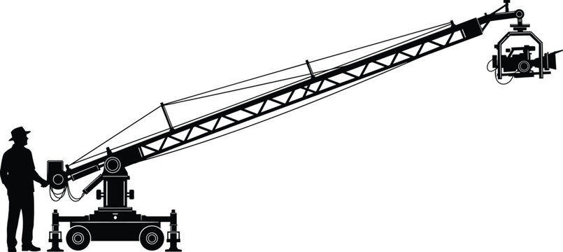 Camera crane silhouette collection, film production outline figure, video motif illustration, jib arm icon art, cinematography design graphic, studio symbol image