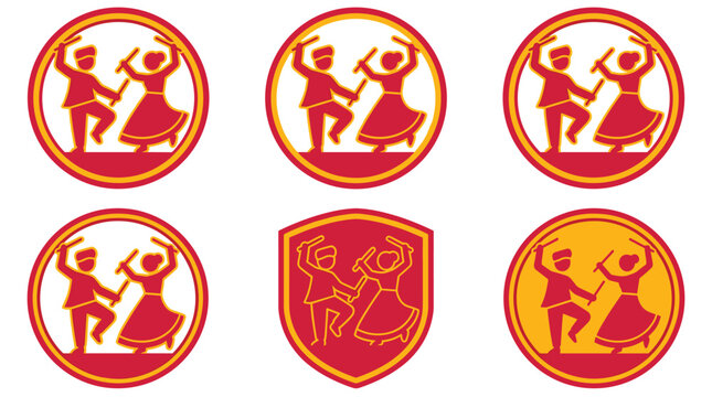 Group of stylized figures dancing in circles and shield shapes, red and yellow folk art motifs, traditional cultural celebration emblems