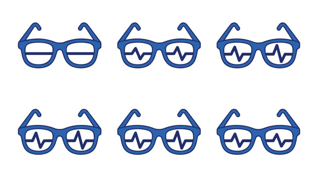 Set of blue eyeglasses with cardiogram pulse displayed in lenses, symbolizing vision care and health monitoring, medical illustration