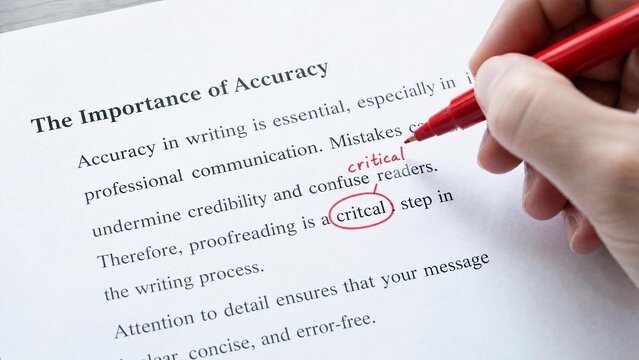 Close Up of Hand Proofreading and Correcting Spelling Error in Business Document with Red Pen
