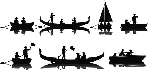 Boat silhouette illustrations, watercraft reflection artwork, rowing sailing design collection, black white figure set, stylized nautical profiles © Fenshi