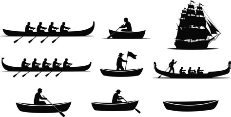 Boat silhouette collection, rowing outline figure, sailing motif illustration, gondola icon art, watercraft design graphic, maritime posture symbol image © Fenshi