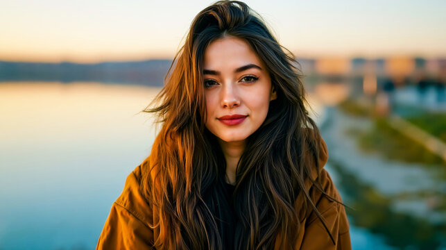 A woman with long brown hair and red lipstick wearing a brown jacket looking at the camera with a slight smile