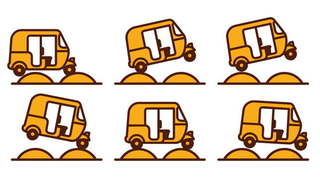 Set of six orange auto rickshaw icons, showing different angles and movements, flat pixel art style with brown outlines, conveying transportation and motion