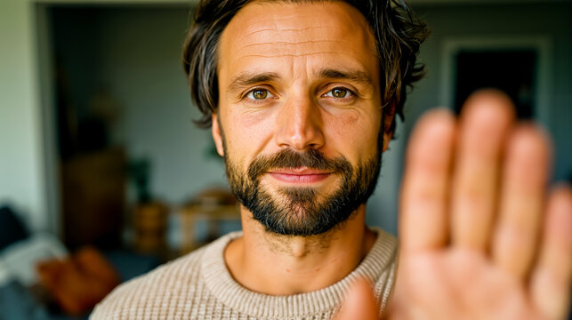 A man with a beard and mustache is smiling and waving his hand
