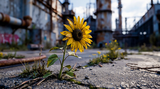A single yellow sunflower growing in a crack in a concrete surface
