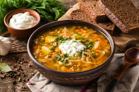 Authentic Russian shchi cabbage soup with sour cream, rye bread and fresh herbs on a rustic wooden farmhouse table in natural daylight. Ultra-realistic traditional comfort food photography.
