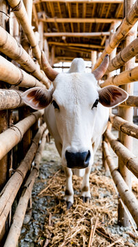 A white cow with horns stands in a pen made of bamboo poles