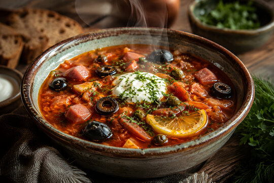 Traditional Russian solyanka soup with smoked meats, olives, lemon slices and sour cream in a rustic ceramic bowl, steaming hot in warm natural light, ultra-realistic food photography.