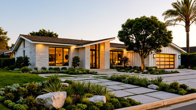 A modern two-story house with a flat roof large windows and a well-maintained landscaped front yard