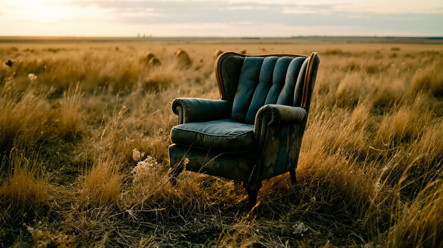 A blue chair with wooden arms and legs sitting in a field of tall dry grass