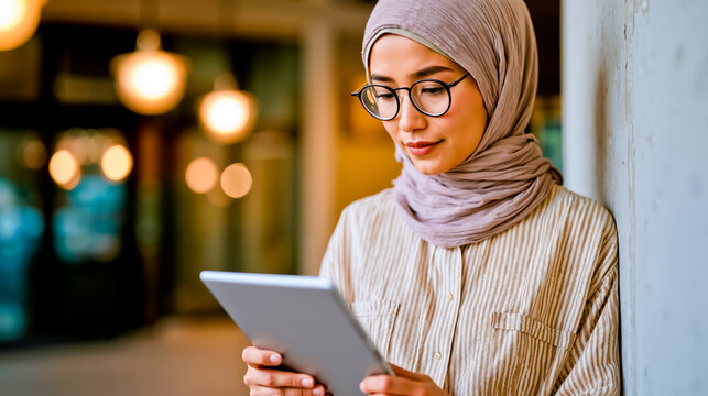 A woman wearing glasses and a headscarf is holding a tablet computer