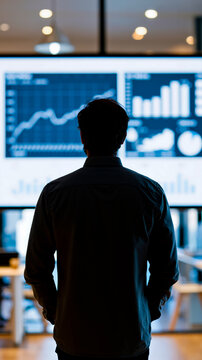 A man in a dark jacket stands in front of a large screen displaying financial charts
