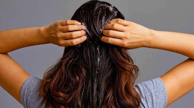 A woman with long brown hair is holding her hair back with both hands