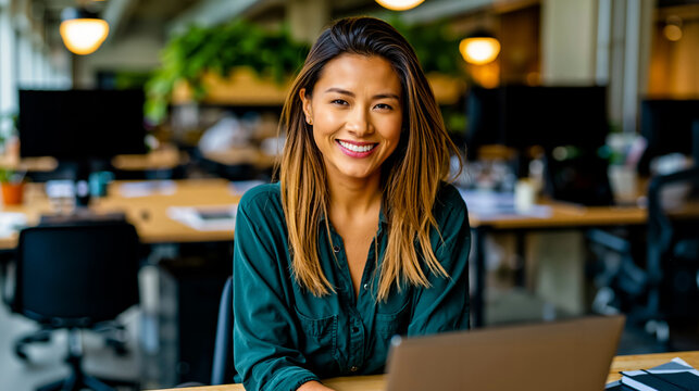 A smiling woman in a green shirt sitting at a desk with a laptop