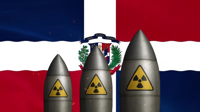 Nuclear missiles with radioactive warning symbols against waving dominican republic flag background warhead