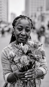 A woman with braided hair is holding a bouquet of flowers