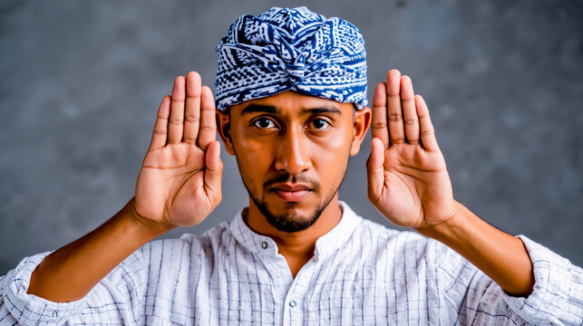 A man with a beard and mustache wearing a blue and white headband making a gesture with his hands