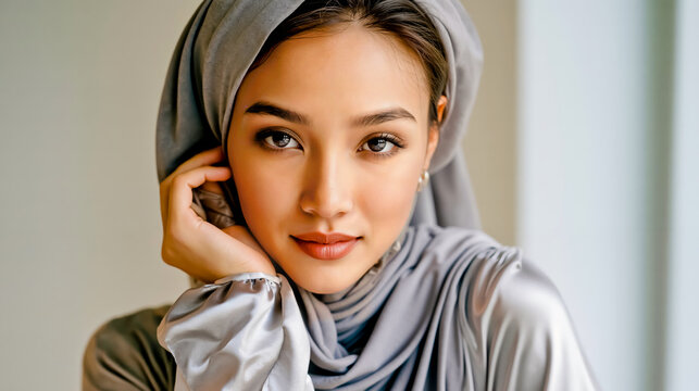 A woman wearing a gray hijab and a gray dress looking at the camera with a slight smile