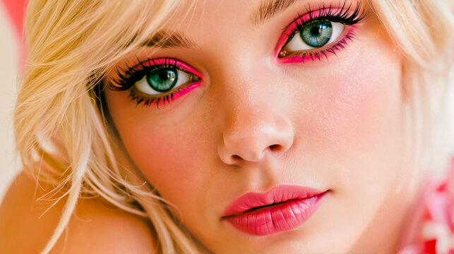 A close-up of a woman with blonde hair and pink eye makeup