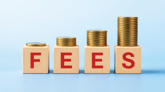Increasing fees concept with wooden blocks spelling fees and stacks of gold coins