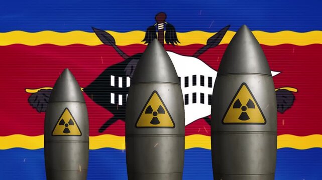 Nuclear missiles against eswatini flag background: geopolitical tension and national security concept