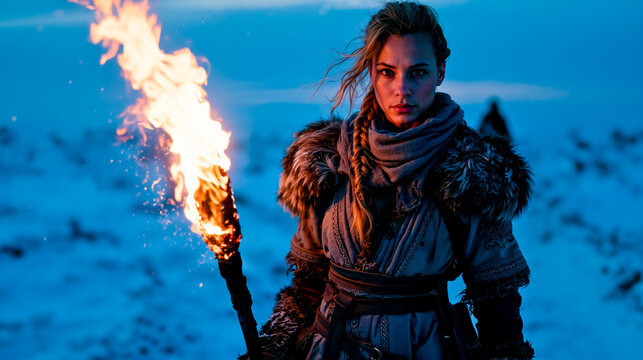A woman in a fur-lined coat and braided hair holds a torch with a flame at the end