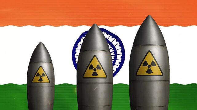 Nuclear missiles with radiation symbols against indian national flag background, warhead