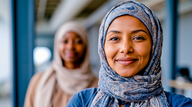 A woman wearing a blue headscarf smiles at the camera