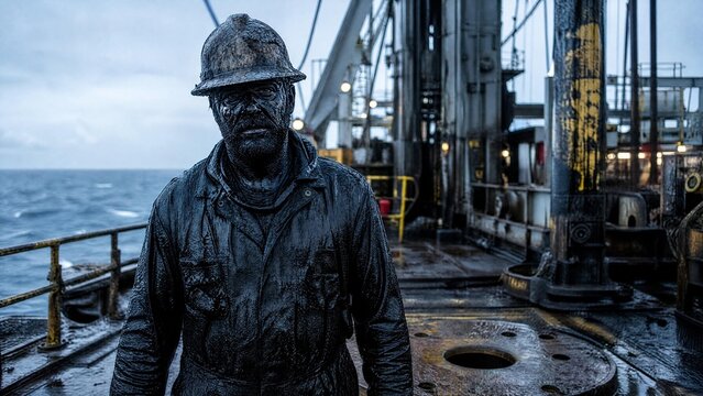 Portrait of an Exhausted Offshore Oil Rig Worker Covered in Crude Oil on a Drilling Platform