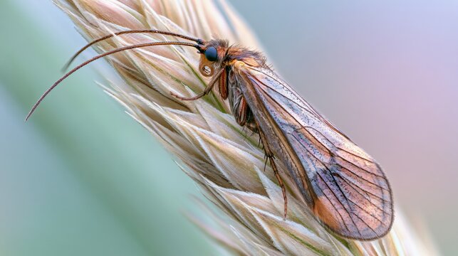 Macro Close Up of Caddisfly Agrypnia obsoleta Resting on Grass Stem