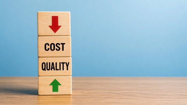 Cost reduction and quality improvement concept with wooden blocks and arrows