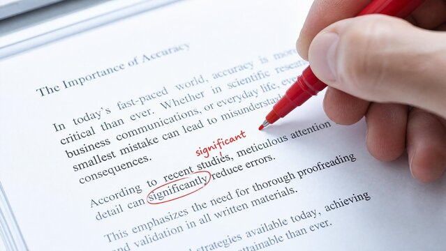 Proofreader Hand with Red Marker Correcting Mistakes in a Business Document for Accuracy