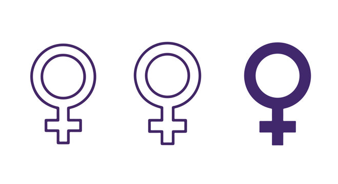 Group of female gender symbols in purple tones expressing feminism and unity.